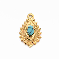 Medium Turquoise 304 Stainless Steel Pendants, with Synthetic Turquoise, Teardrop, Medium Turquoise, 22x14x5mm, Hole: 1.6mm