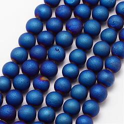 Blue Electroplated Natural Agate Bead Strands, Round, Grade A, Blue, 6mm, Hole: 1mm, about 30pcs/strand, 7.5 inch