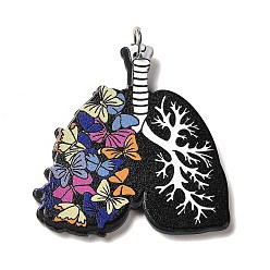 Black Perfect Printed Acrylic Pendants, with Iron Jump Ring, Lung Charms, Butterfly, Black, 40x38x2.5mm, Hole: 5mm