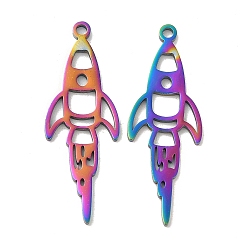 Rainbow Color Ion Plating(IP) 304 Stainless Steel Pendants, Rocket Charm, Rainbow Color, 35x12.5x1mm, Hole: 1.8mm