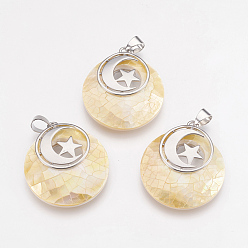 Other Sea Shell Natural Yellow Shell Pendants, with Platinum Tone Brass Findings, Flat Round with Moon and Star, 32x28x7mm, Hole: 4x5mm