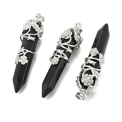 Black Agate Natural Black Agate Pointed Pendants, with Brass Findings, Bullet, Platinum, 57~60x16mm, Hole: 8x5mm
