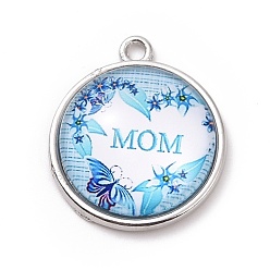 Deep Sky Blue Mother's Day Theme Alloy Glass Pendants, Flat Round with Word, Deep Sky Blue, 23.5x20x6mm, Hole: 2mm