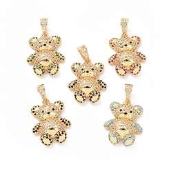 Mixed Color Brass Cubic Zirconia Pendants, Golden, Bear Charm, Mixed Color, 24x19x5mm, Hole: 4x6.5mm