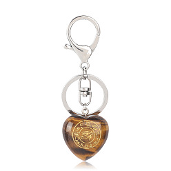Œil De Tigre Coeur d'oeil de tigre naturel avec porte-clés oeil d'horus, Porte-clés en pierre d'énergie reiki, pour sac, bijoux, décoration cadeau, 9.5x3 cm