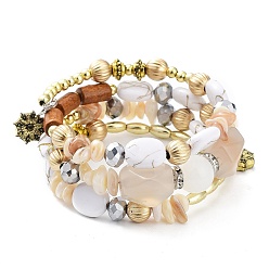 White Alloy & Resin Beads Three Loops Wrap Style Bracelet, Bohemia Style Bracelet for Women, White, 7-1/8 inch(18cm)