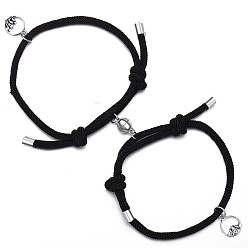 Round 2Pcs Magnetic Alloy Matching Charm Bracelets Set, Adjustable Couple Bracelets for Valentine's Day, Black, Round, 11-3/4 inch(30cm)