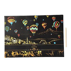 Hot Air Balloon Scratch Rainbow Painting Art Paper, DIY Night View of the City, with Paper Card and Sticks, Hot Air Balloon Pattern, 40.5x28.4x0.05cm