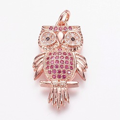 Real Rose Gold Plated Eco-Friendly Brass Micro Pave Cubic Zirconia Pendants, Cadmium Free & Nickel Free & Lead Free, Owl, Real Rose Gold Plated, 24.5x14.5x4.5mm, Hole: 3mm