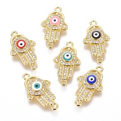 Mixed Color Brass Micro Pave Cubic Zirconia Links, with Enamel, Hamsa Hand/Hand of Fatima/Hand of Miriam, Golden, Mixed Color, 22x12.5x3mm, Hole: 1.2mm