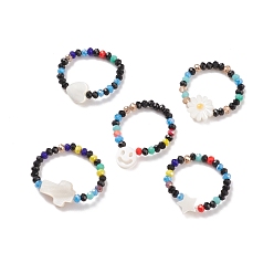 Motifs Mixtes Bague extensible en perles de verre et coquillages pour femme, motifs mixtes, taille us 7 3/4 (17.9 mm)