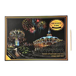 Building Scratch Rainbow Painting Art Paper, DIY Night View of the City, with Paper Card and Sticks, Amusement Park, 40.5x28.4x0.05cm