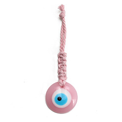 Pink Flat Round with Evil Eye Resin Pendant Decorations, Cotton Cord Braided Hanging Ornament, Pink, 109mm