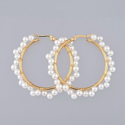 White Beaded Hoop Earrings, with Glass Pearl Beads, Golden Plated 304 Stainless Steel Hoop Earrings Findings and Copper Wire, Ring, White, 50mm, Pin: 0.7mm