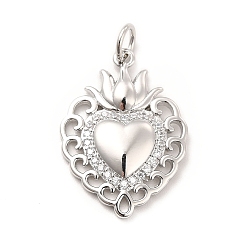 Real Platinum Plated Rack Plating Brass Micro Pave Cubic Zirconia Pendants, Sacred Heart Charm, Mexican Milagro Flaming Holy Heart Pendant, Long-Lasting Plated, with Jump Rings, Cadmium Free & Lead Free, Real Platinum Plated, 23x16x2.5mm, Hole: 3mm