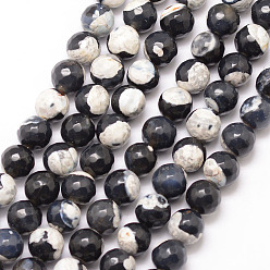 Black Natural Fire Crackle Agate Bead Strands, Round, Grade A, Faceted, Dyed & Heated, Black, 8mm, Hole: 1mm, about 47pcs/strand, 15 inch