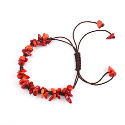 Synthetic Coral Synthetic Coral Chips Braided Bead Bracelet, Adjustable Bracelet for Women, 8-5/8~10-5/8 inch(22~27cm)