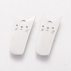 Couleur Acier Inoxydable 201 pendentifs chaton en acier inoxydable, rectangle en forme de chat, couleur inox, 20x8x1.1mm, Trou: 1mm