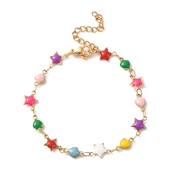 Colorful Enamel Star & Heart Link Chain Bracelet, Vacuum Plating 304 Stainless Steel Jewelry for Women, Colorful, 7-1/8 inch(18cm)