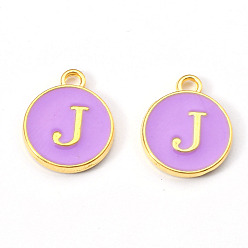 Letter J Golden Plated Alloy Enamel Charms, Enamelled Sequins, Flat Round with Letter, Medium Purple, Letter.J, 14x12x2mm, Hole: 1.5mm