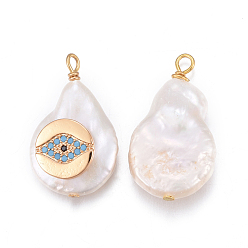 Deep Sky Blue Natural Cultured Freshwater Pearl Pendants, with Brass Cubic Zirconia Findings, Nuggets with Eye, Golden, Deep Sky Blue, 17~26x11~16x5~11mm, Hole: 1.6~2mm