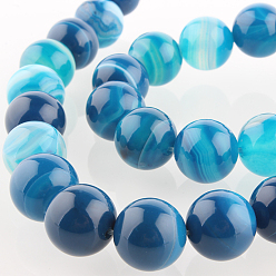 Deep Sky Blue Natural Banded Agate Round Bead Strands, Dyed, Deep Sky Blue, 12mm, Hole: 1mm, about 33pcs/strand, 15.35 inch