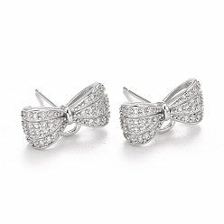 Real Platinum Plated Rack Plating Brass Micro Pave Cubic Zirconia Earring Findings, with Loop, Cadmium Free & Lead Free, Long-Lasting Plated, Bowknot, Real Platinum Plated, 8x15x5mm, Hole: 1.7mm, Pin: 0.8mm