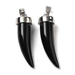 Obsidian Natural Obsidian Pendants, Horn Charms, with Rack Plating Platinum Plated Brass Snap on Bails, 34~36x10mm, Hole: 8x5mm