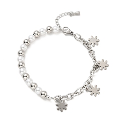 Stainless Steel Color 201 Stainless Steel Snowflake Charm Bracelet, Plastic Pearl Beaded Bracelet with 304 Stainless Steel Cable Chains for Women, Stainless Steel Color, 7-1/2 inch(19cm)