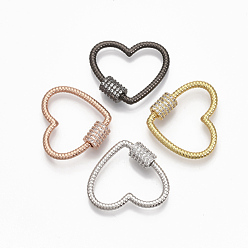 Mixed Color Brass Micro Pave Clear Cubic Zirconia Screw Carabiner Lock Charms, for Necklaces Making,  Heart, Mixed Color, 20.5x24x2mm, Screw: 7x5.5mm