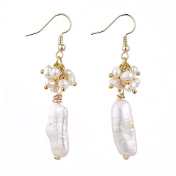 White Natural Keshi Pearl Dangle Earrings, with Brass Earring Hooks and Cardboard Boxes, White, 59mm, Pin: 0.8mm