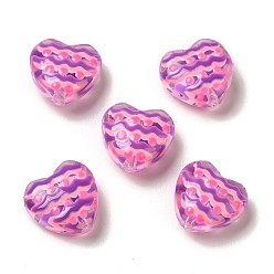 Violeta Perlas de vidrio transparentes, con patrón de ondas de esmalte, corazón, violeta, 12x12x6.5 mm, agujero: 1 mm