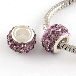 Light Amethyst Polymer Clay Rhinestone European Large Hole Beads with Silver Color Plated Brass Cores, Rondelle, Light Amethyst, 11~12x7~7.5mm, Hole: 5mm