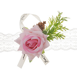 Rose Nacré Corsage de poignet en tissu de soie imitation rose, fleur à la main pour la mariée ou la demoiselle d'honneur, mariage, décorations de fête, perle rose, 80x80mm