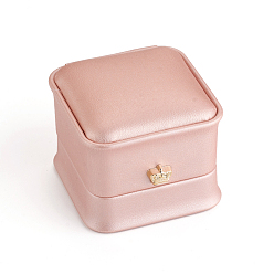 Pink Cajas de regalo de anillo de cuero de pu, con corona de hierro bañado en oro y terciopelo en el interior, para la boda, caja de almacenamiento de joyas, rosa, 5.85x5.8x4.9 cm