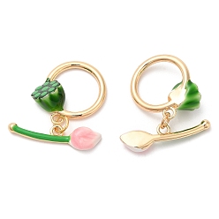 Real 18K Gold Plated Brass Toggle Clasps with Green Enamel, Lotus Flower, Real 18K Gold Plated, Ring: 20.5x18.5x8mm, Flower: 26x6.5x4mm, Hole: 1.8mm