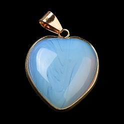 Opalite Opalite Pendants, Heart Charms, with Golden Tone Iron and Brass Findings, 29x24~24.5x6~6.5mm, Hole: 7~7.3x3.8~4.3mm