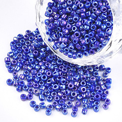 Bleu Opaques perles de rocaille de verre, arc-en-ciel plaqué, ronde, bleu, 4mm, trou: 1.5 mm, environ 4500 PCs / sachet 