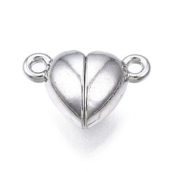 Platinum Brass Magnetic Clasps with Loops, Nickel Free, Heart, Platinum, 9.5x15x6mm, Hole: 1.5mm