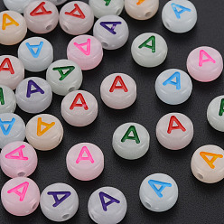 Letter A Acrylic Beads, Glow in the Dark, with Enamel and Luminous, Horizontal Hole, Flat Round with Alphabet, Letter.A, 6.5x7x4mm, Hole: 1.6mm, about 3600pcs/500g