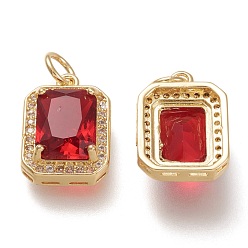 Red Brass Glass Charms, with Micro Pave Clear Cubic Zirconia and Jump Ring, Rectangle, Real 18K Gold Plated, Red, 14.5x10.5x5mm, Hole: 3.4mm