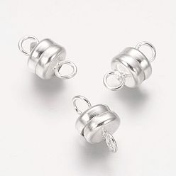Silver Column Brass Magnetic Clasps with Loops, Lead Free & Nickel Free & Cadmium Free, Silver Color Plated, 11x6mm, Hole: 2mm