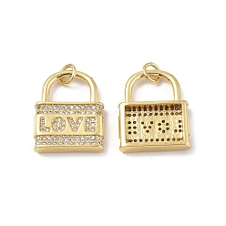 Real 18K Gold Plated Brass Micro Pave Clear Cubic Zirconia Pendants, with Jump Ring, Lock with Word Love, Real 18K Gold Plated, 20x16x3.5mm, Hole: 3.2mm