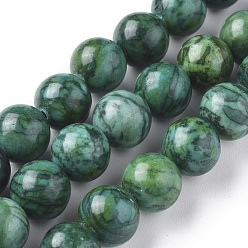 Map Stone Natural China Silver Leaf Jasper Beads Strands, Dyed & Heated, Round, Green, 10mm, Hole: 1.2mm, about 37pcs/strand, 15.35 inch(39cm)