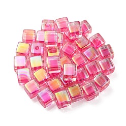 Deep Pink UV Plating Transparent Acrylic European Beads, Large Hole Beads, Cube, Deep Pink, 13.5x13.5x13.5mm, Hole: 4mm