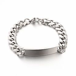 Stainless Steel Color 304 Stainless Steel Curb Link Chain ID Bracelets, Faceted, Stainless Steel Color, 8-1/2 inch(215mm), 10.5mm