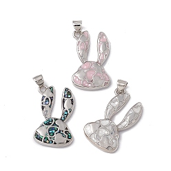 Mixed Color Natural Shell Pendants, Rabbit Charms with Heart, Dyed, with Rack Plating Platinum Tone Brass Findings, Long-Lasting Plated, Mixed Color, 26x16.5x4mm, Hole: 4.5x3.5mm