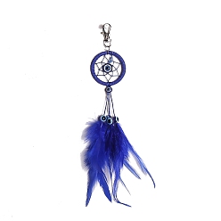 Blue Iron Woven Web/Net with Feather Pendant Decorations, with Blue Evil Eye, for Home Decorations, Blue, 270x50mm