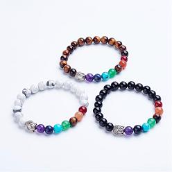 Mixed Stone Chakra Jewelry, Natural Mixed Stone Beaded Stretch Bracelets, with Alloy Spacer Beads, Antique Silver, 1-3/4 inch(45mm)