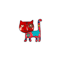 Rouge Chat avec des insignes de fleurs, les repères d'émail alliage, jolie broche de dessin animé, rouge, 26x25mm